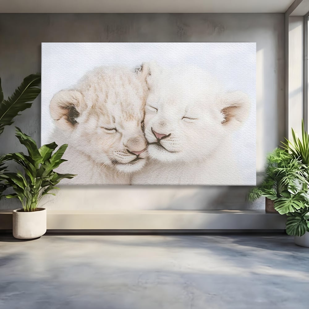 Tablou canvas cu doi pui de leu dormind imbratisati, fara rama, pe sasiu de lemn